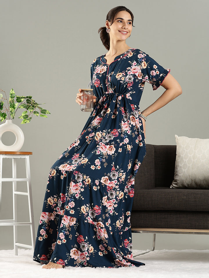Blue Floral Premium Rayon Frock Style Nighty for Women