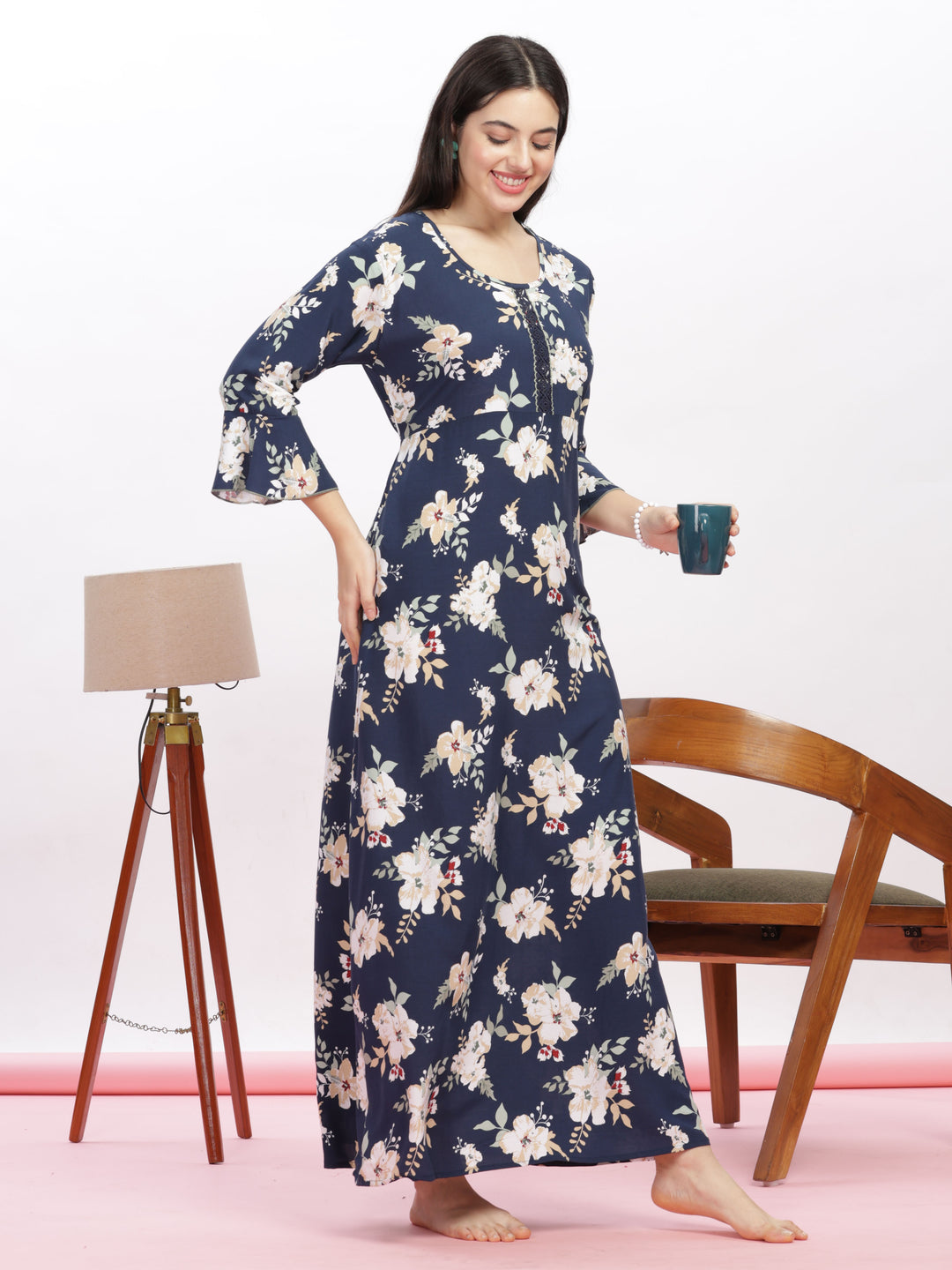 Blue Floral Print Rayon Best Nighty for Women