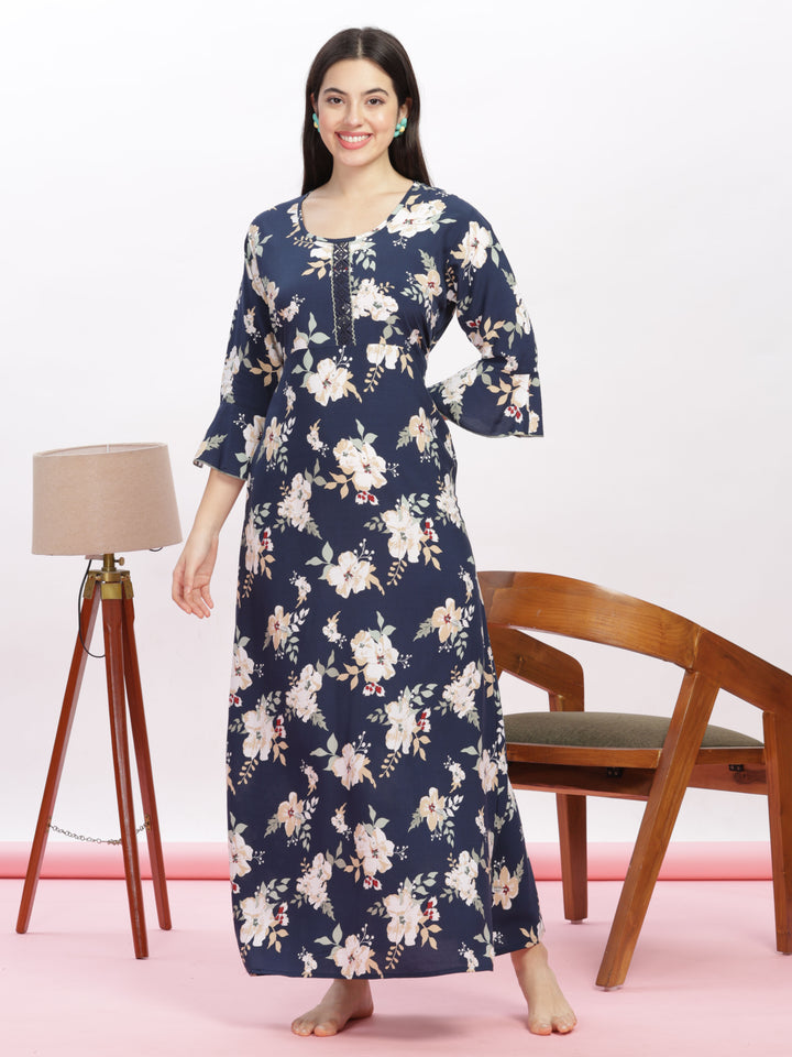 Blue Floral Print Rayon Best Nighty for Women
