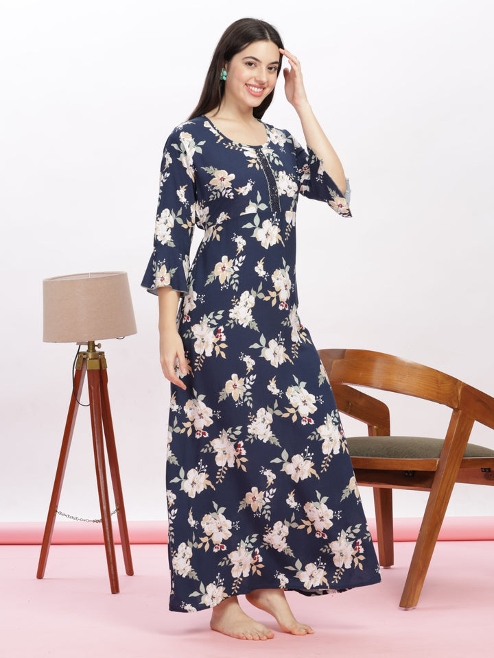 Blue Floral Print Rayon Best Nighty for Women