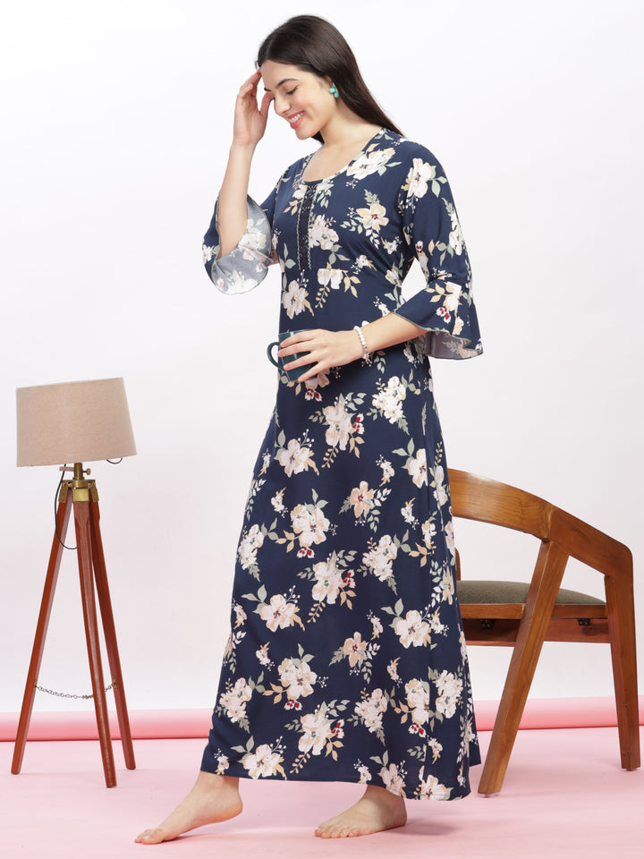 Blue Floral Print Rayon Best Nighty for Women
