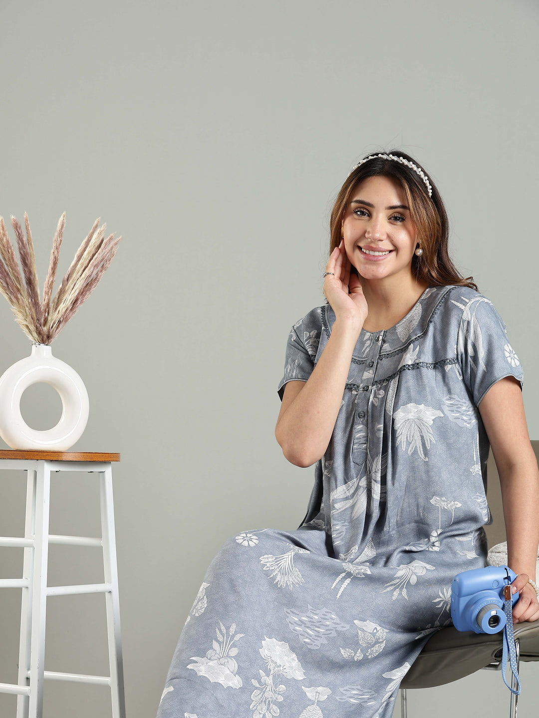 Cloudy Grey Blue Front Open Nighty For Women