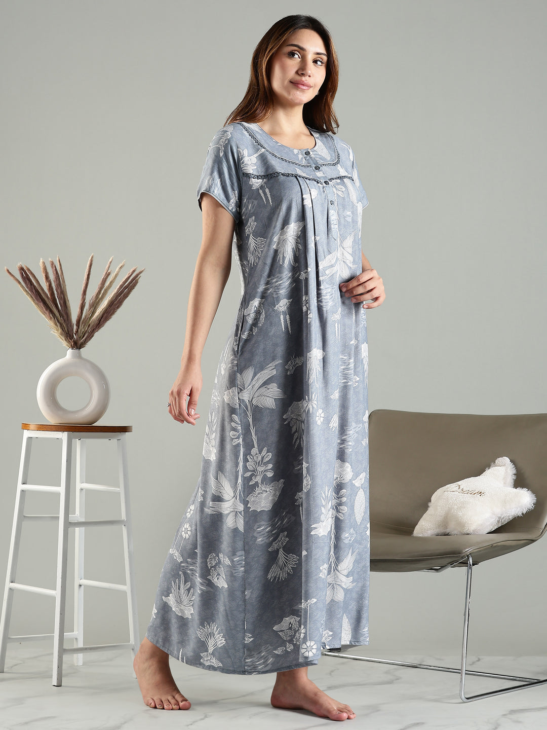 Cloudy Grey Blue Front Open Nighty For Women