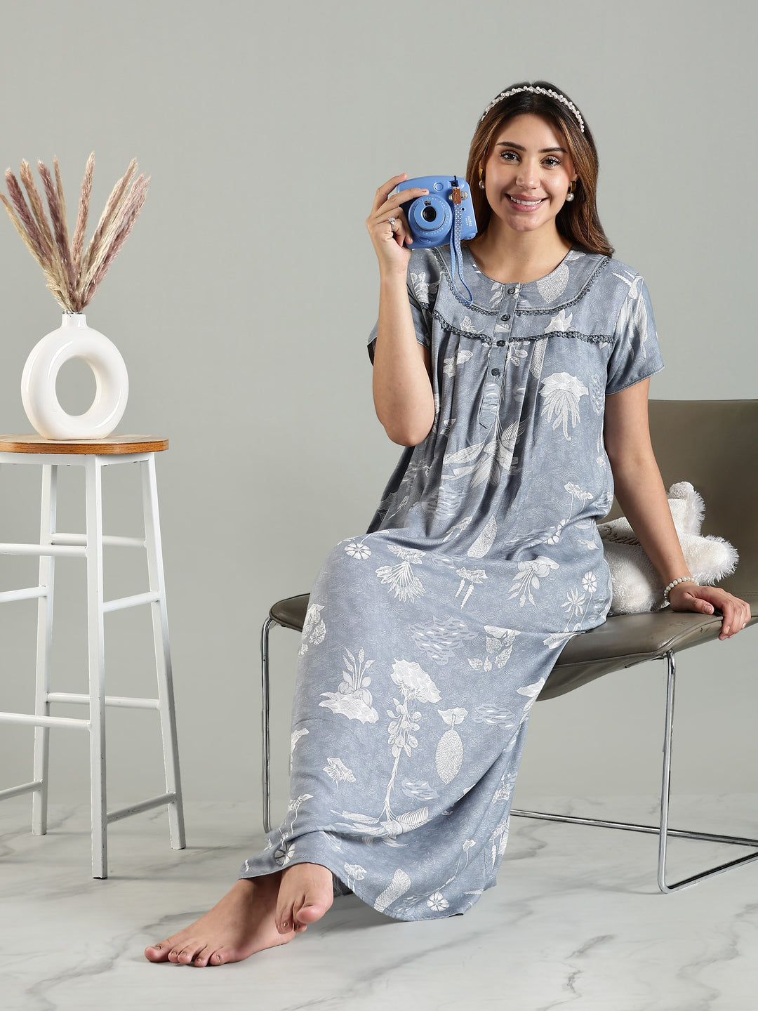 Cloudy Grey Blue Front Open Nighty For Women