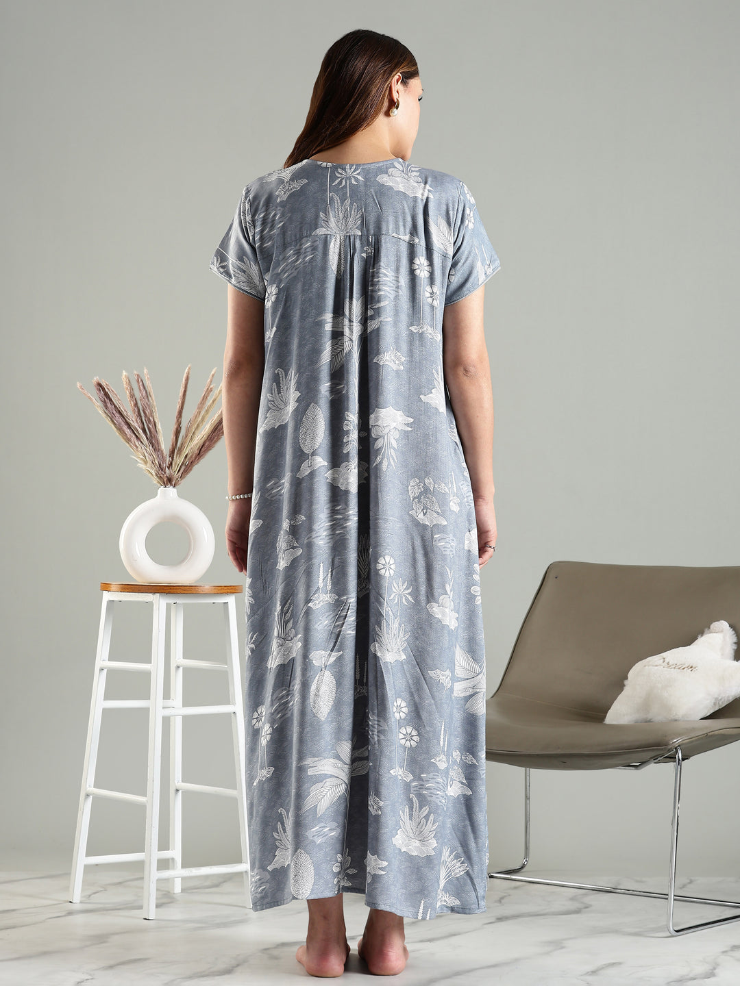 Cloudy Grey Blue Front Open Nighty For Women