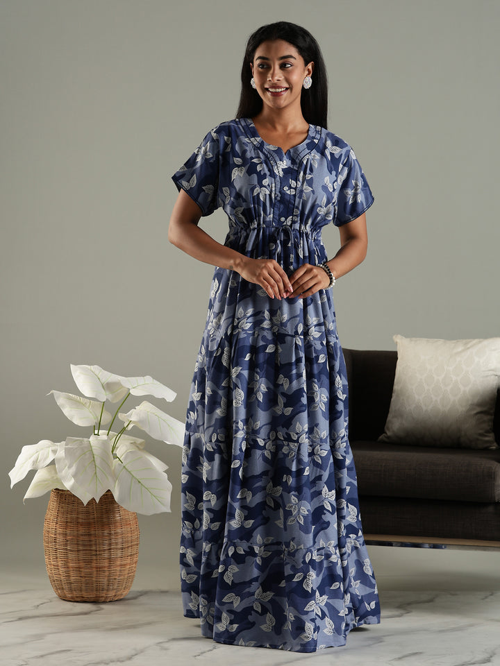 Blue Front Open Nighty for Women in Leaf Camouflage Print
