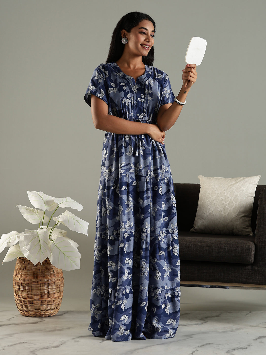 Blue Front Open Nighty for Women in Leaf Camouflage Print