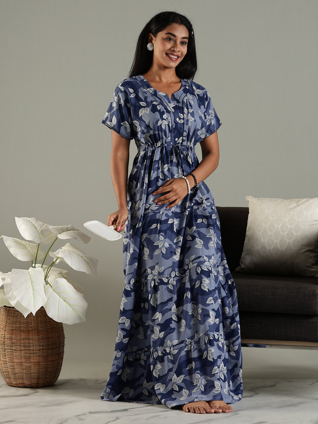Blue Front Open Nighty for Women in Leaf Camouflage Print