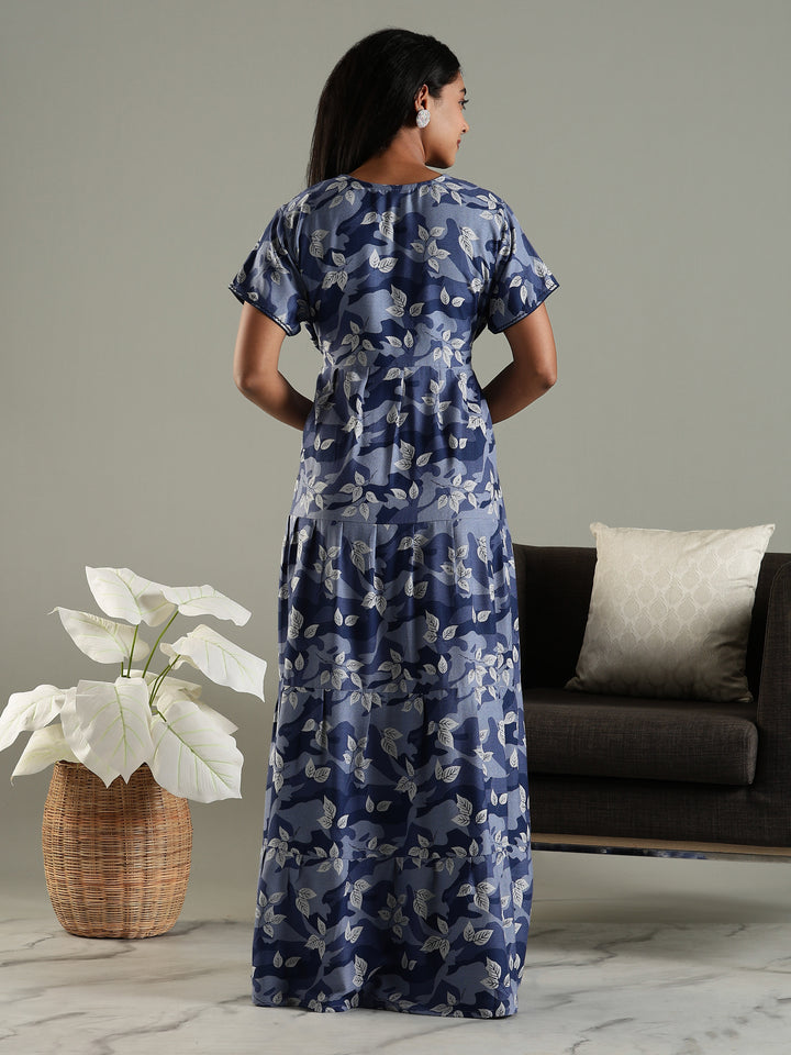 Blue Front Open Nighty for Women in Leaf Camouflage Print