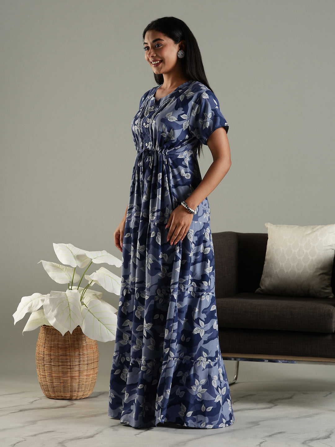 Blue Front Open Nighty for Women in Leaf Camouflage Print