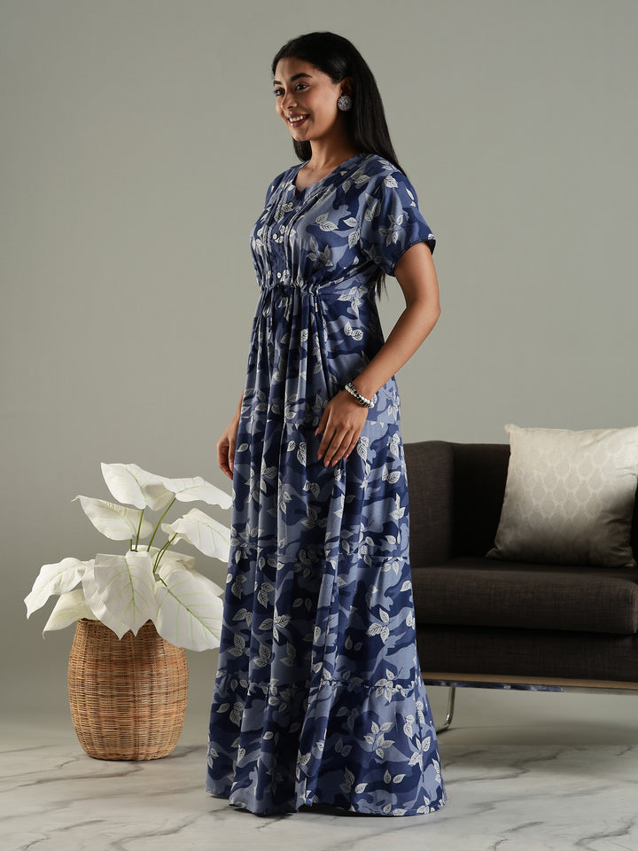 Blue Front Open Nighty for Women in Leaf Camouflage Print