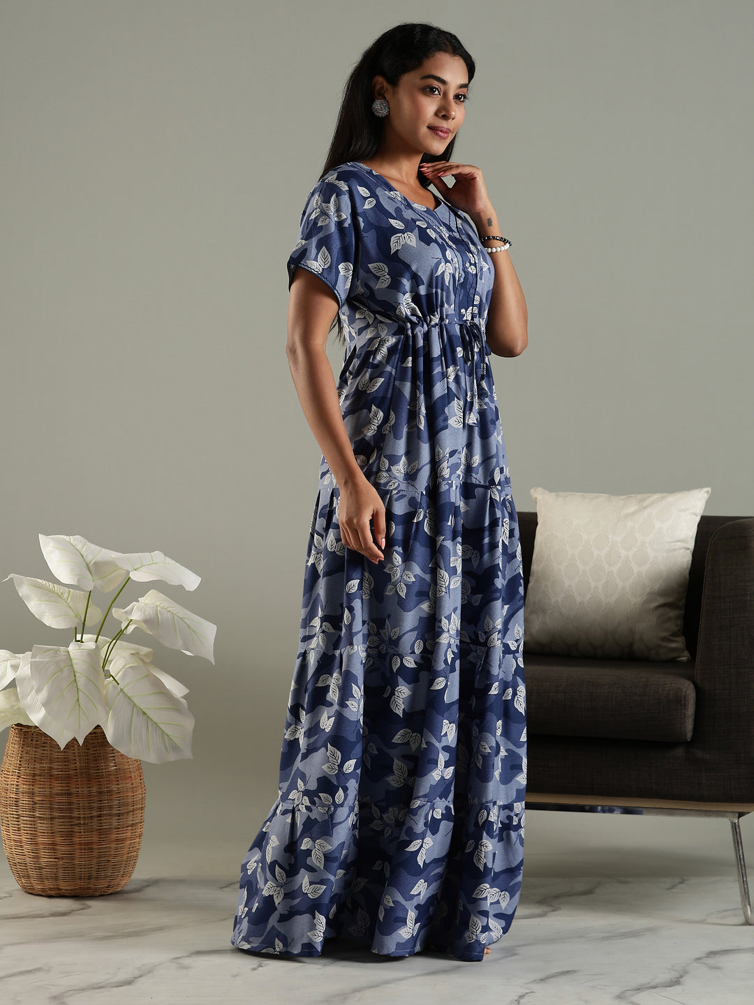 Blue Front Open Nighty for Women in Leaf Camouflage Print