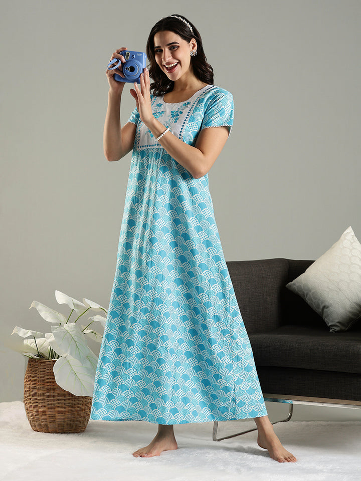 Blue Embroidered Pure Cotton Nighties For Women