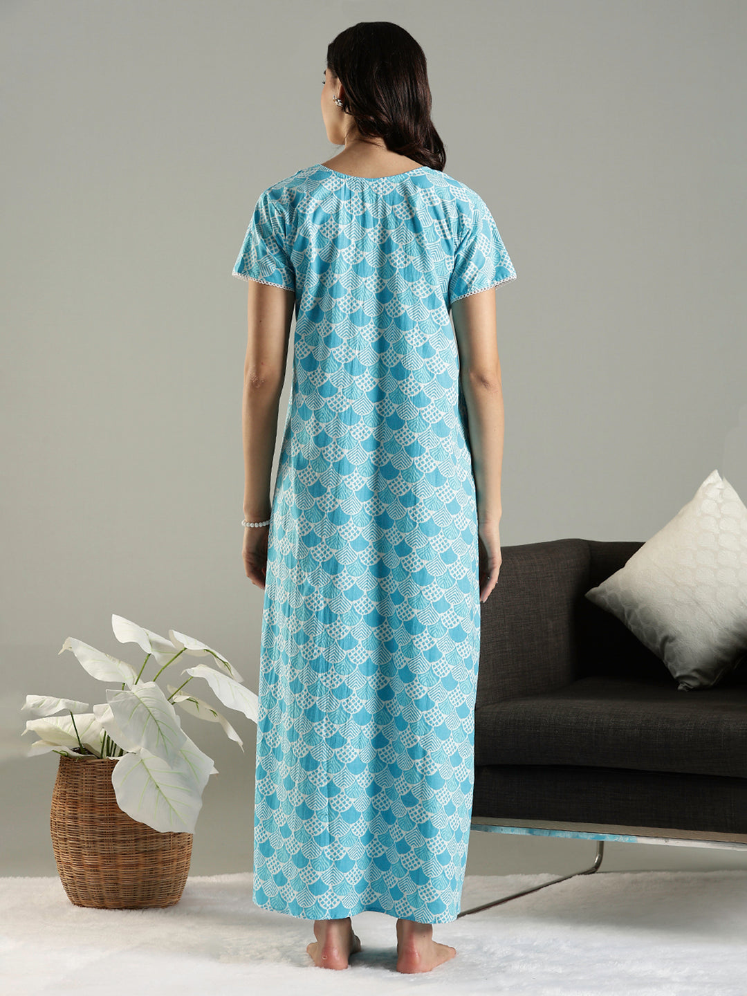 Blue Embroidered Pure Cotton Nighties For Women