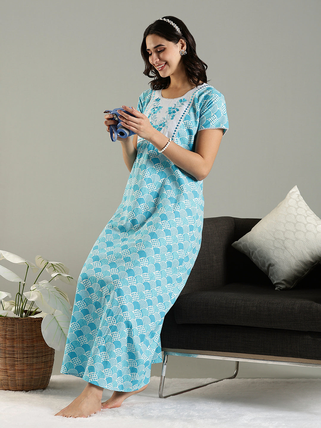 Blue Embroidered Pure Cotton Nighties For Women