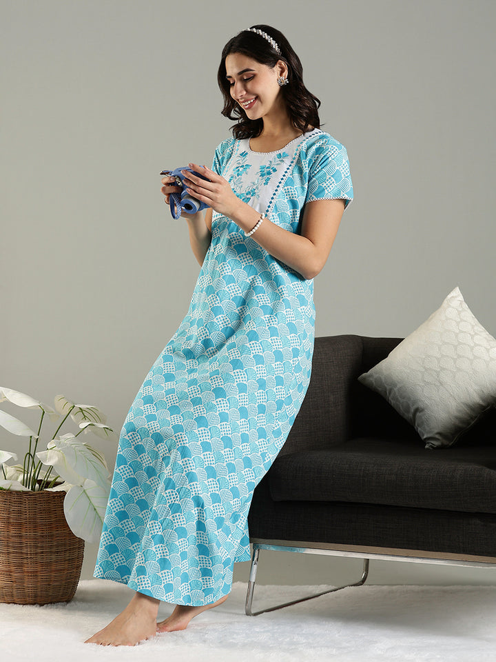 Blue Embroidered Pure Cotton Nighties For Women