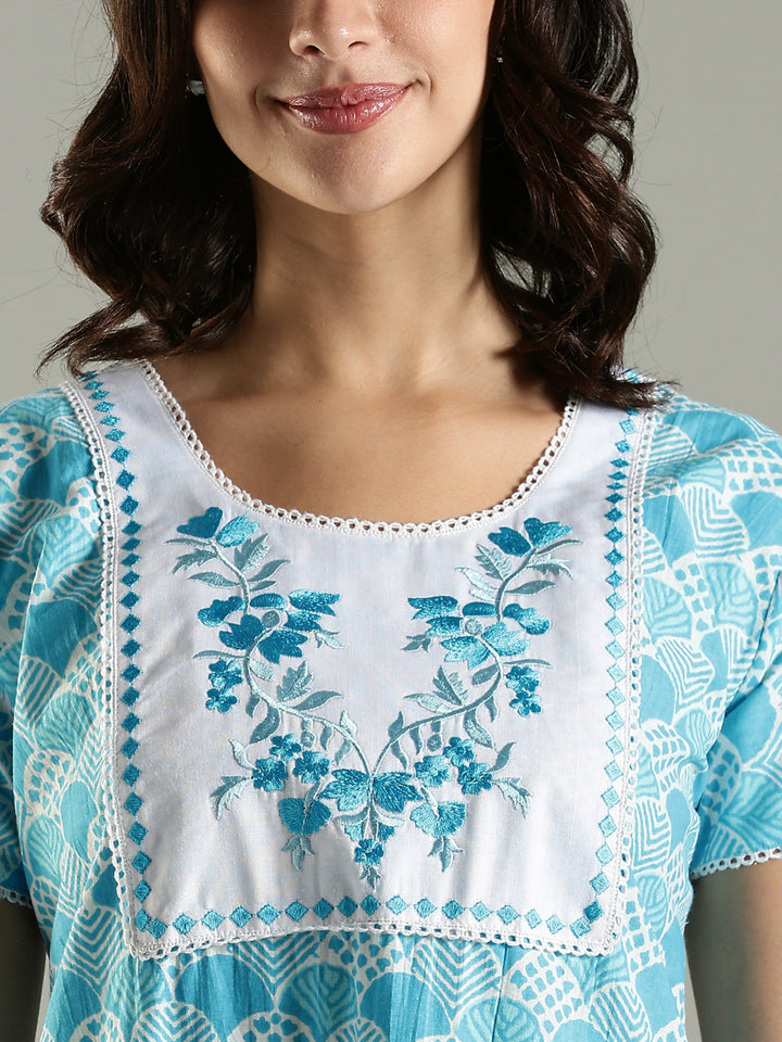 Blue Embroidered Pure Cotton Nighties For Women