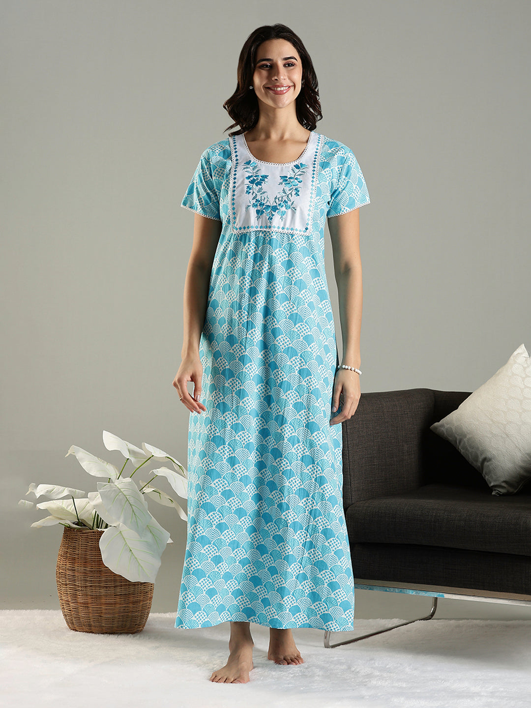 Blue Embroidered Pure Cotton Nighties For Women