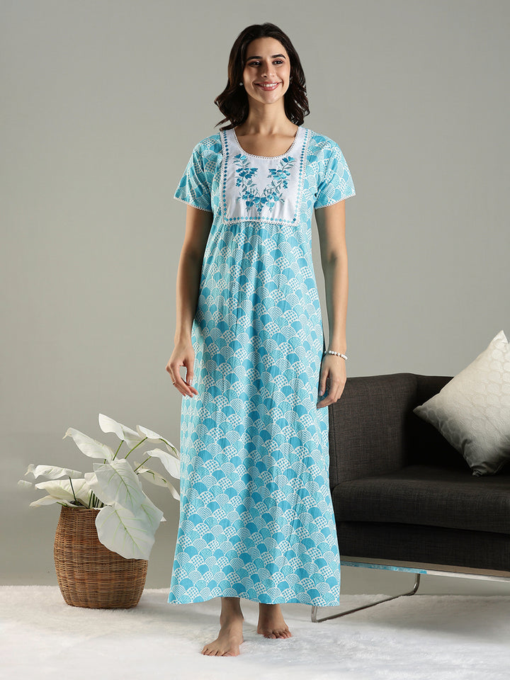 Blue Embroidered Pure Cotton Nighties For Women