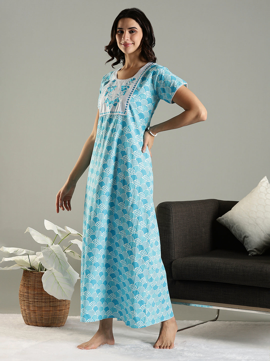 Blue Embroidered Pure Cotton Nighties For Women