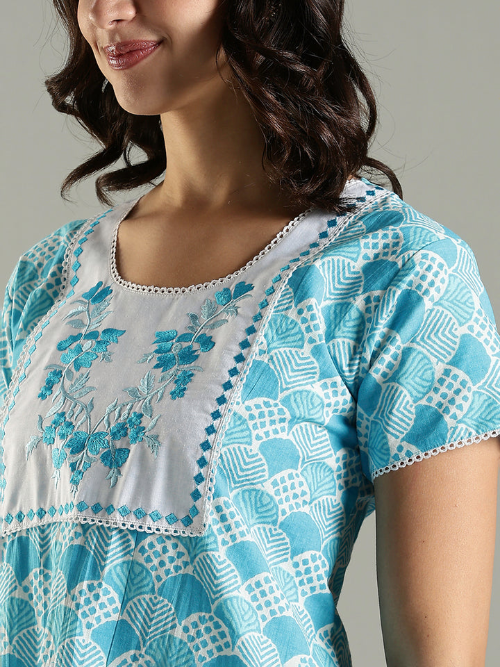 Blue Embroidered Pure Cotton Nighties For Women