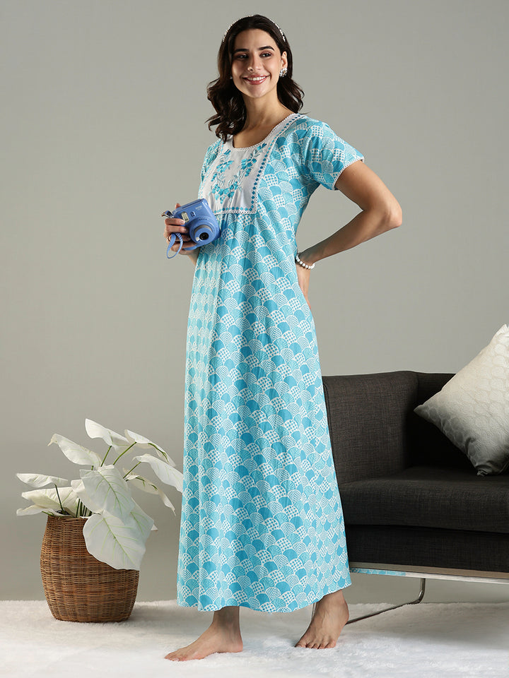Blue Embroidered Pure Cotton Nighties For Women