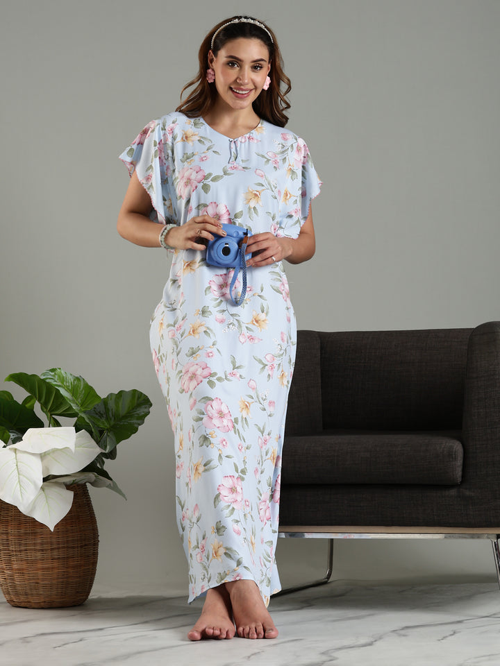 Blue Rayon Chic Frock Type Nighty For Women With Side Pocket