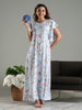 Blue Floral Rayon Maxi Nighty Dress for Women with Kaftan Sleeves and Pocket