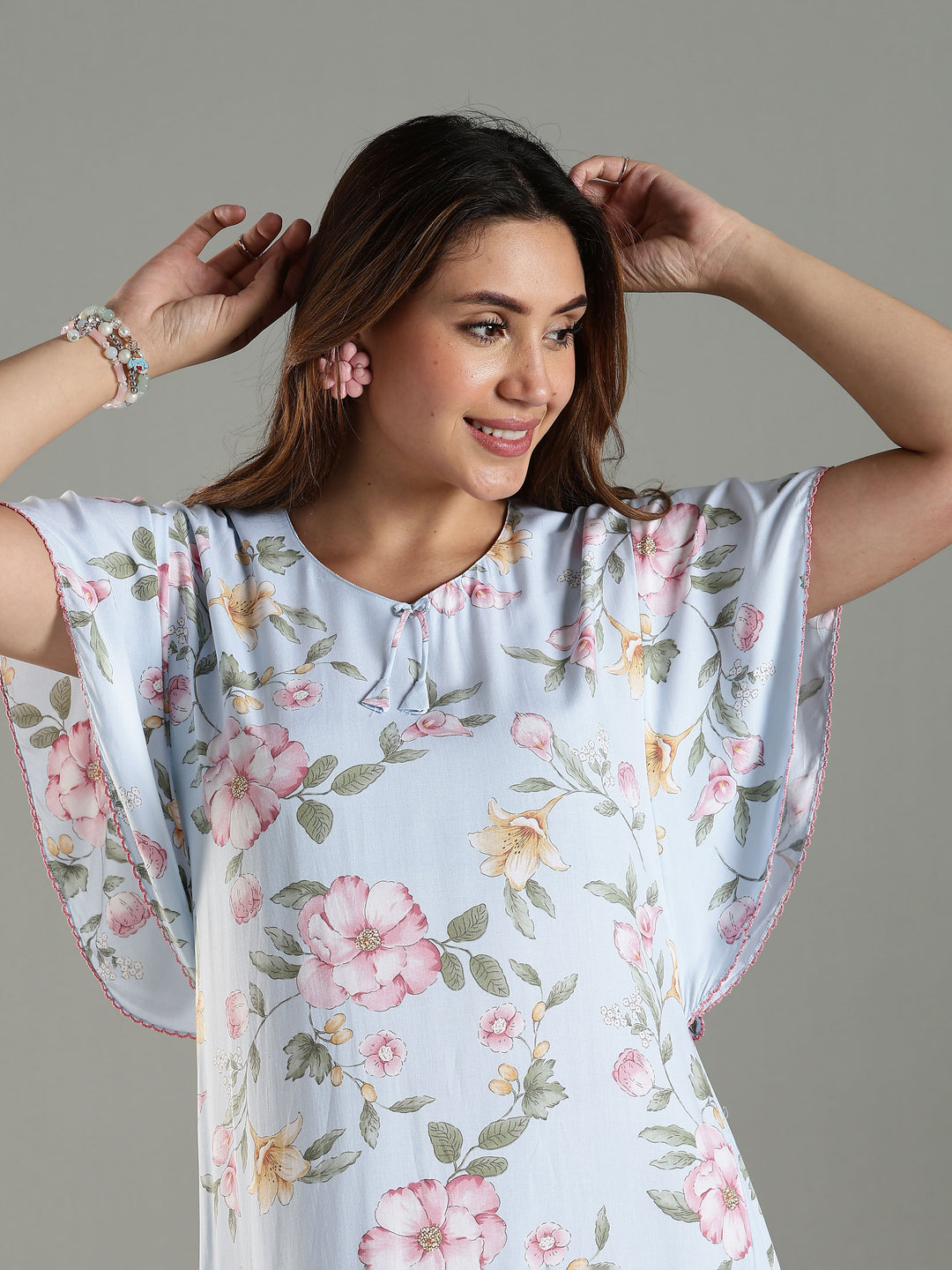 Blue Rayon Chic Frock Type Nighty For Women With Side Pocket