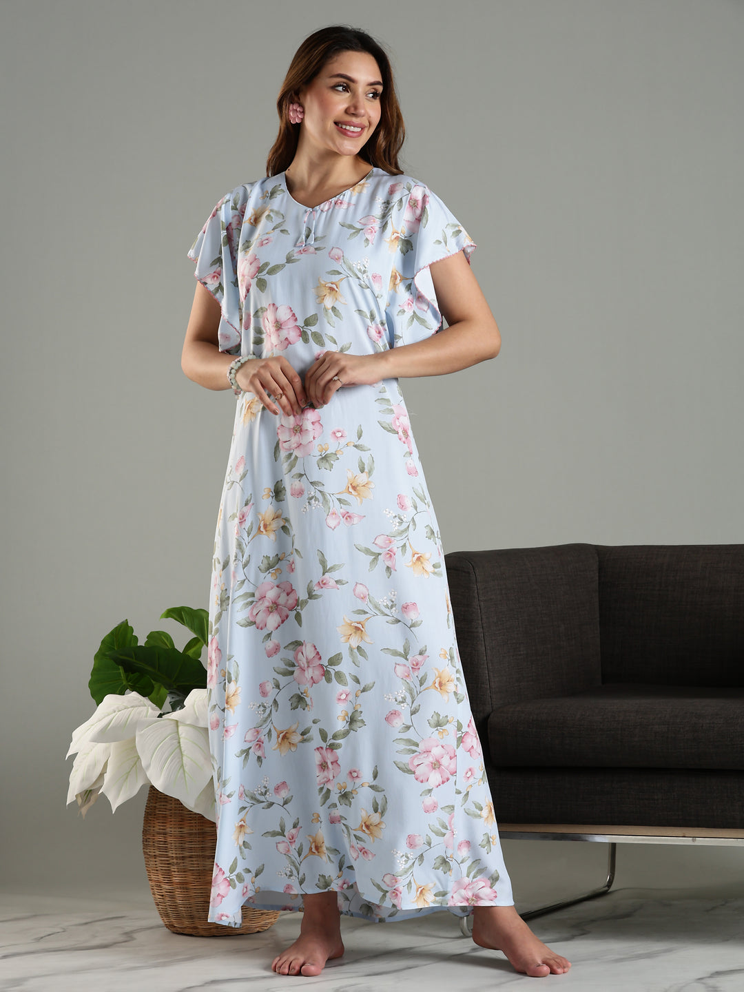 Blue Rayon Chic Frock Type Nighty For Women With Side Pocket