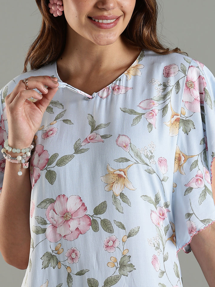 Blue Rayon Chic Frock Type Nighty For Women With Side Pocket