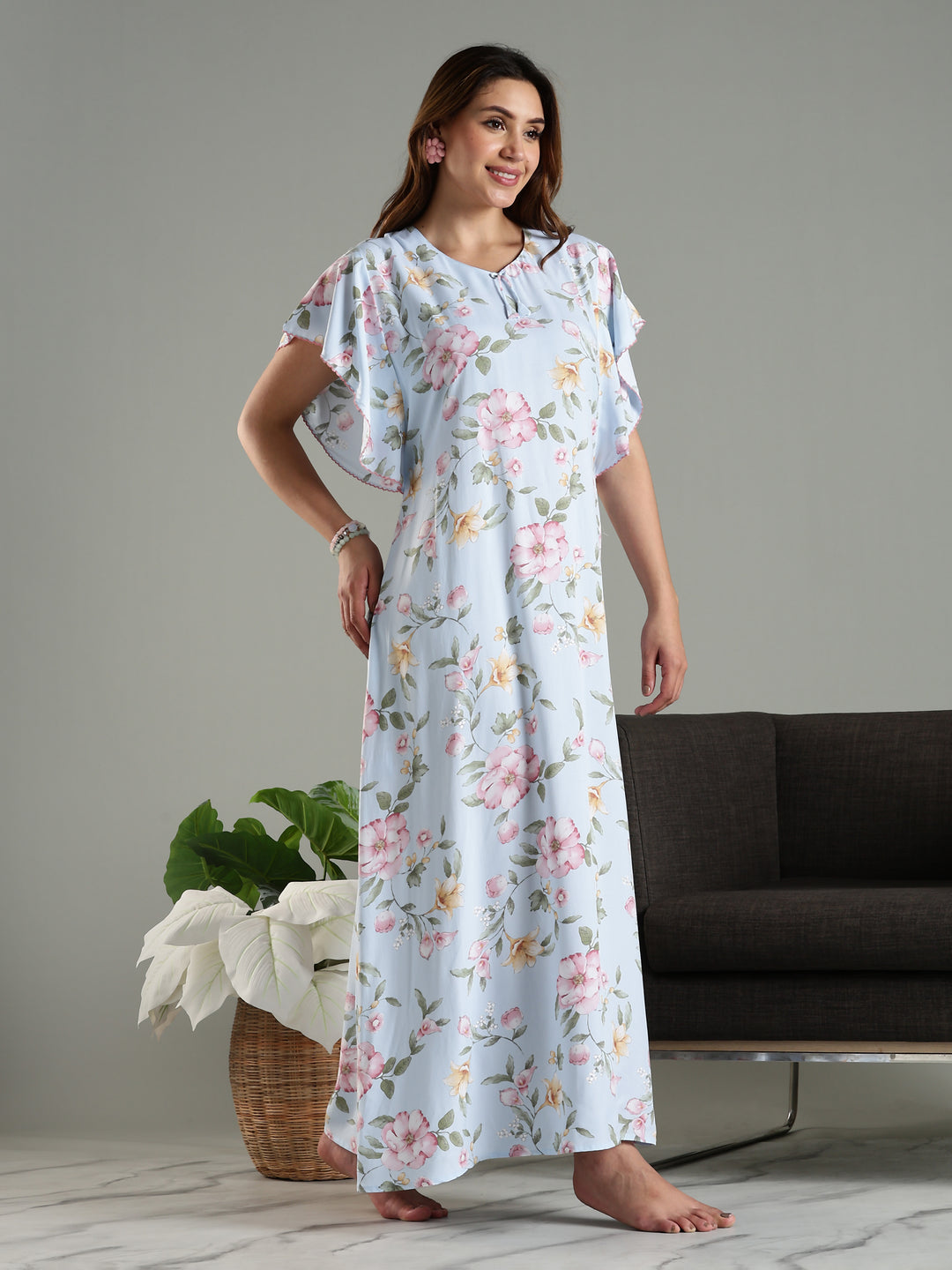 Blue Rayon Chic Frock Type Nighty For Women With Side Pocket