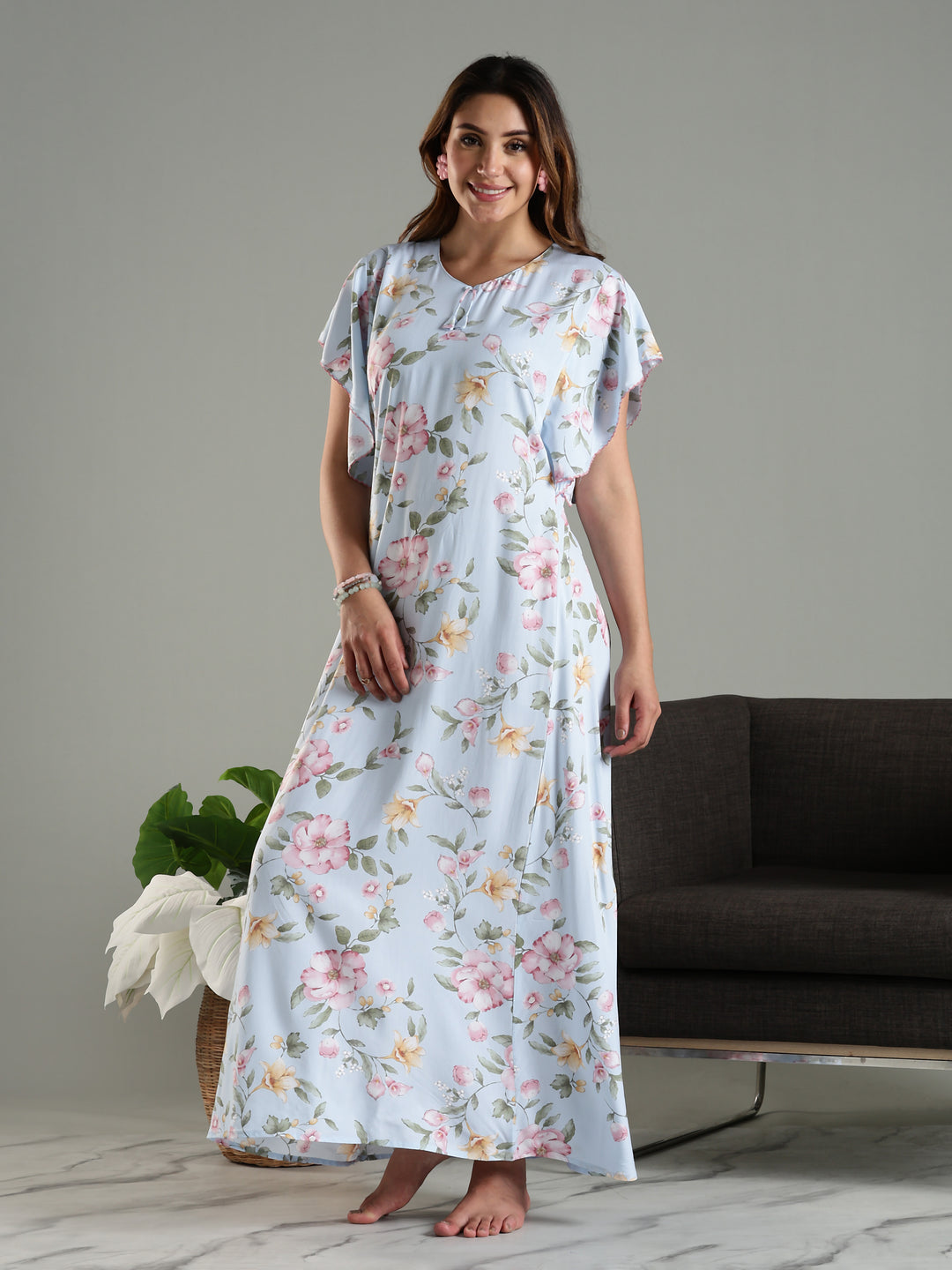 Blue Rayon Chic Frock Type Nighty For Women With Side Pocket