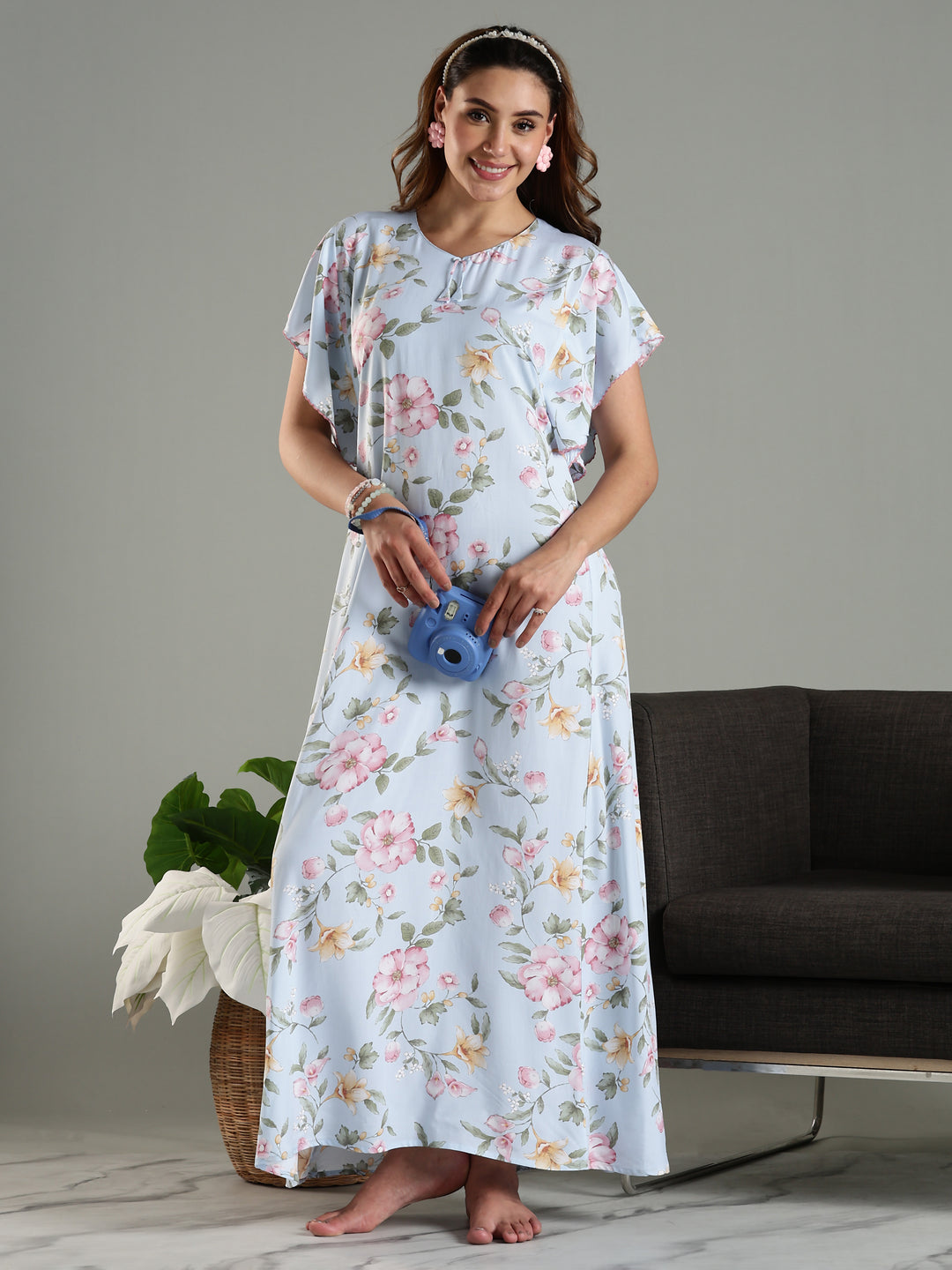 Blue Rayon Chic Frock Type Nighty For Women With Side Pocket