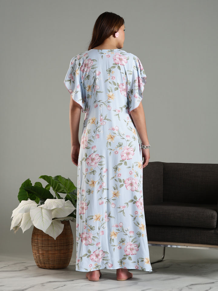 Blue Rayon Chic Frock Type Nighty For Women With Side Pocket