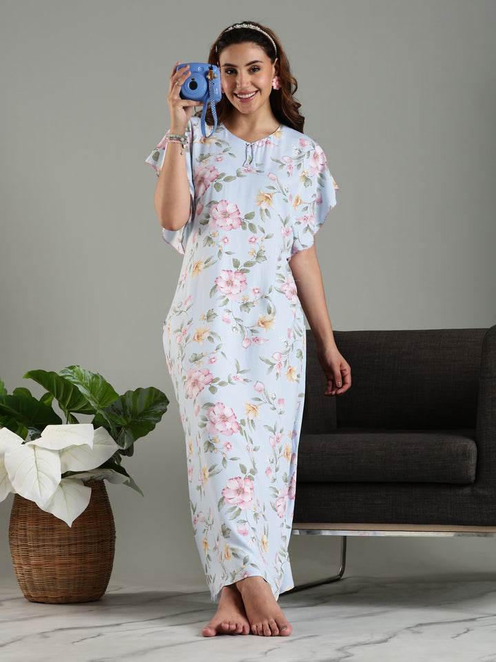 Blue Rayon Chic Frock Type Nighty For Women With Side Pocket