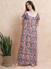 Cotton Batik Print Nighty for Women in Blue Red Contrast Tones
