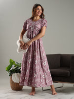 Floral Print Frock Style Nighty for Women in Dusty Mauve