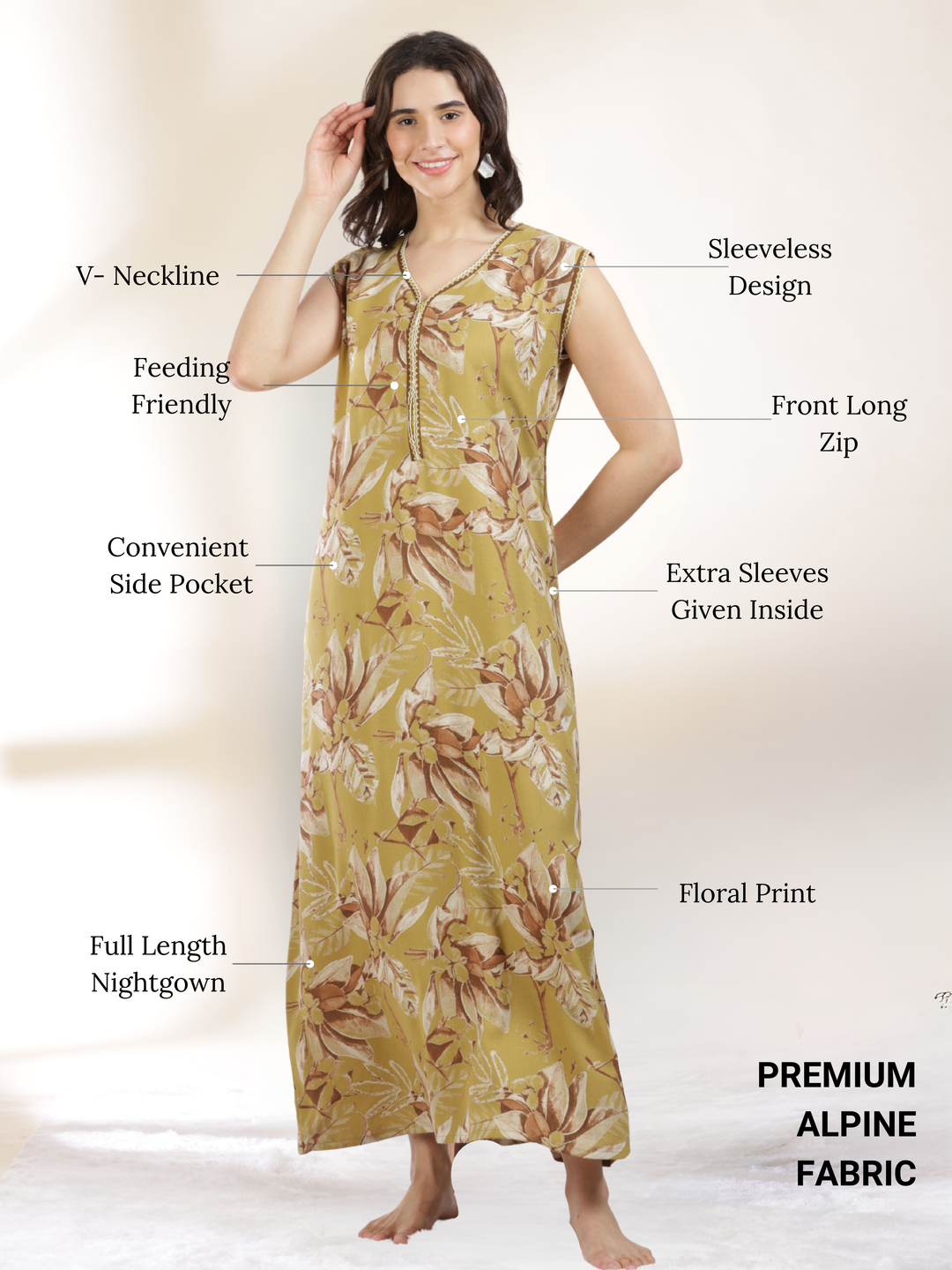 Blush Yellow Branded Sleeveless Nighty for Women