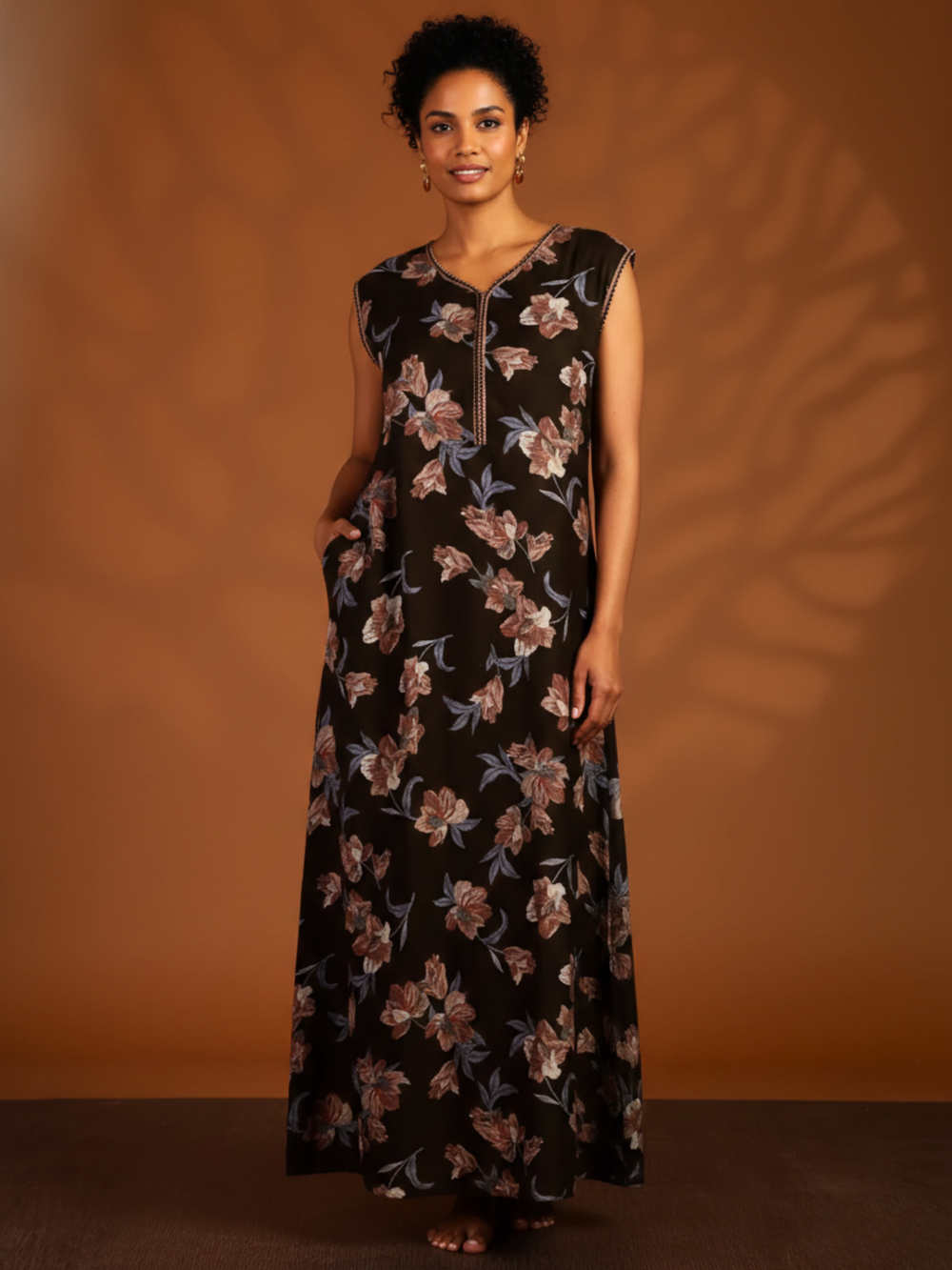 Brown Floral Branded Sleeveless Nighty with Zip Closure