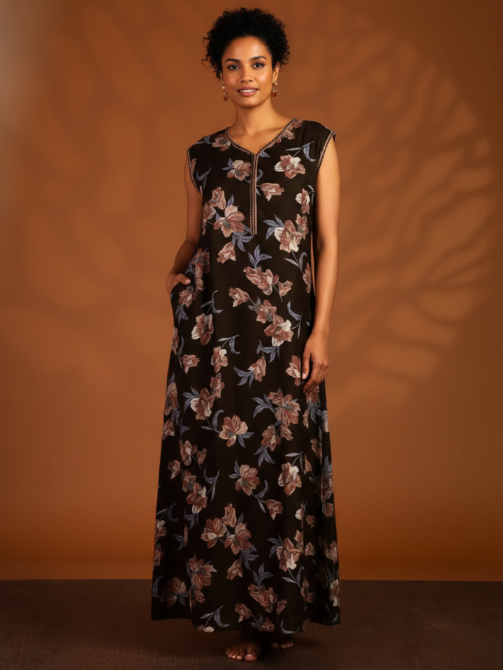 Brown Floral Branded Sleeveless Nighty with Zip Closure