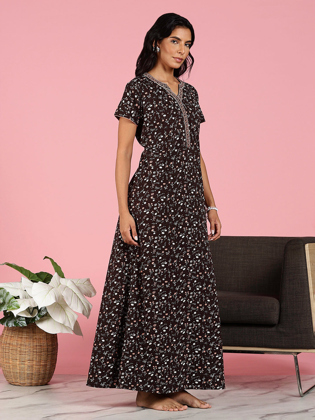 Coffee Brown Hosiery Cotton Floral Branded Nighty For Women