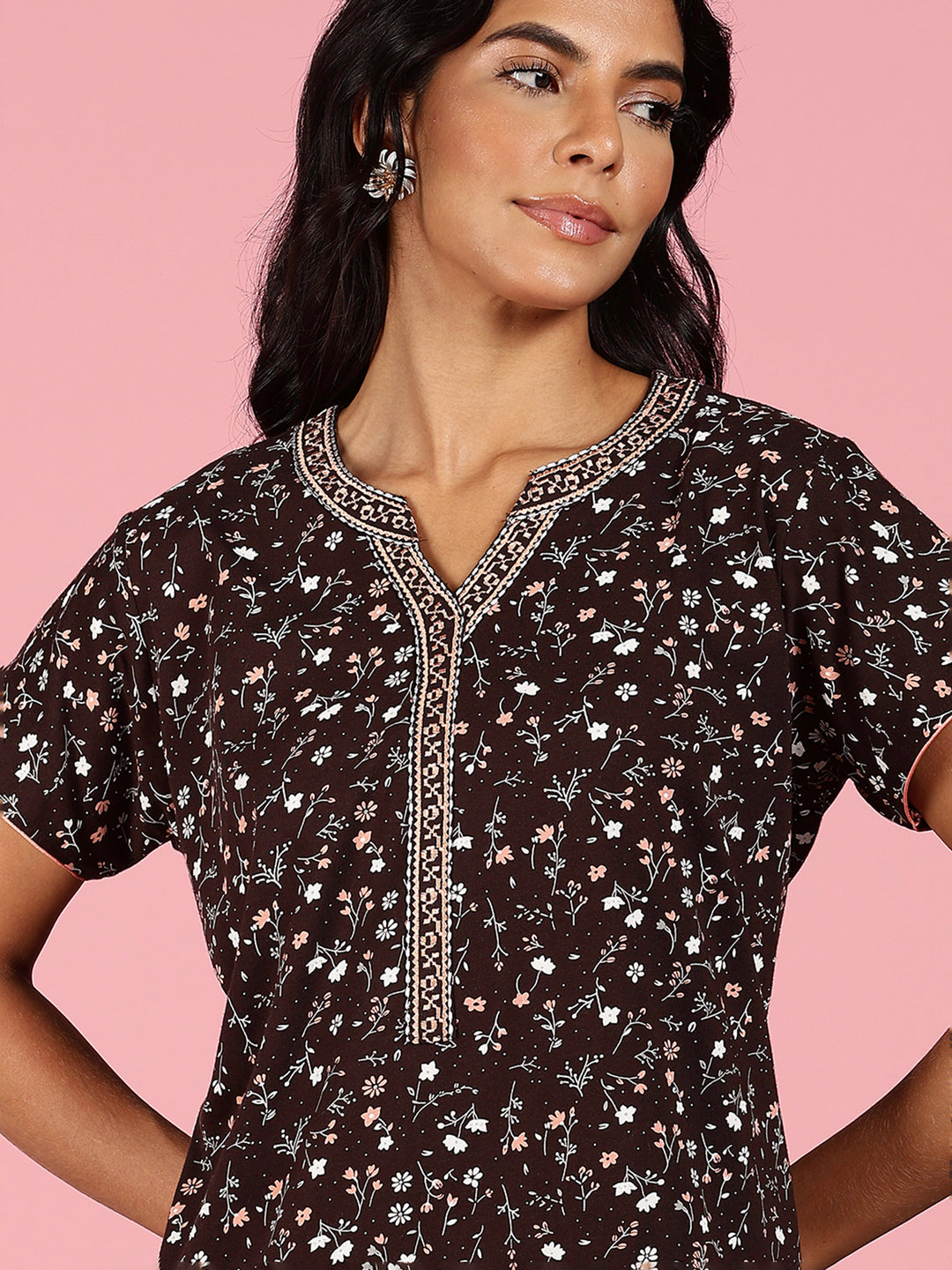 Coffee Brown Hosiery Cotton Floral Branded Nighty For Women