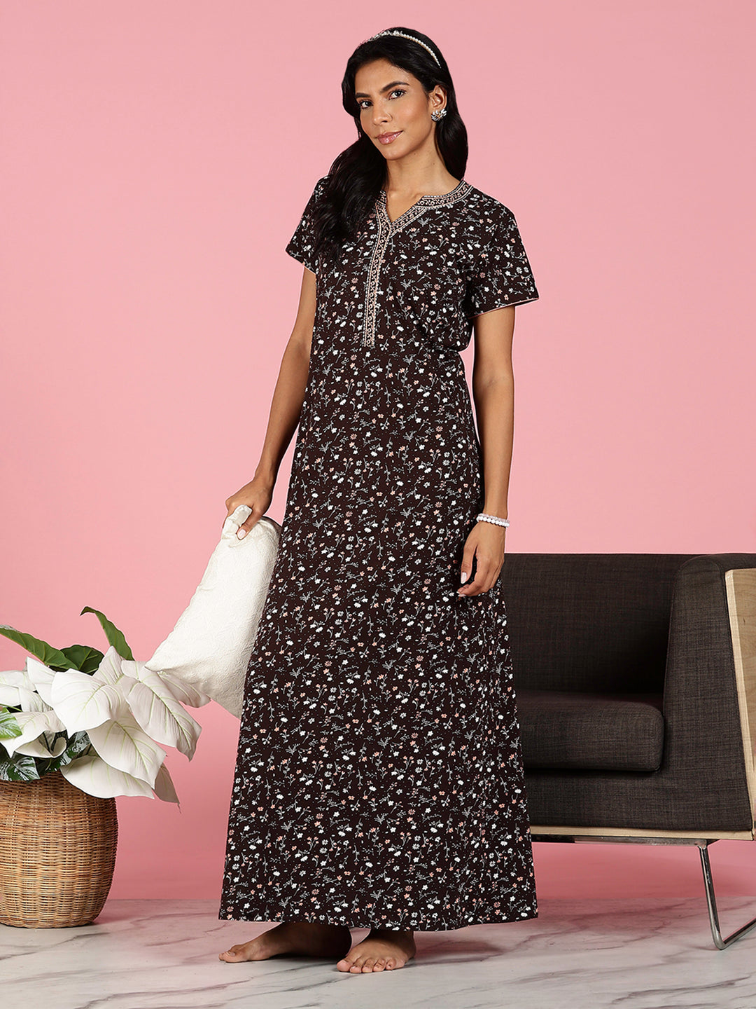 Coffee Brown Hosiery Cotton Floral Branded Nighty For Women