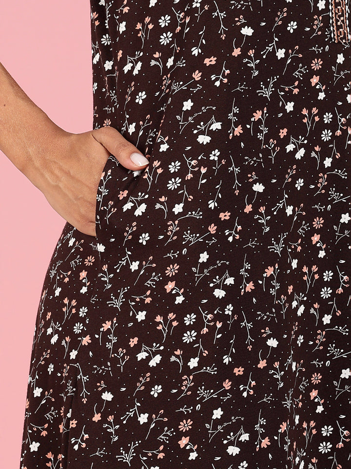 Coffee Brown Hosiery Cotton Floral Branded Nighty For Women