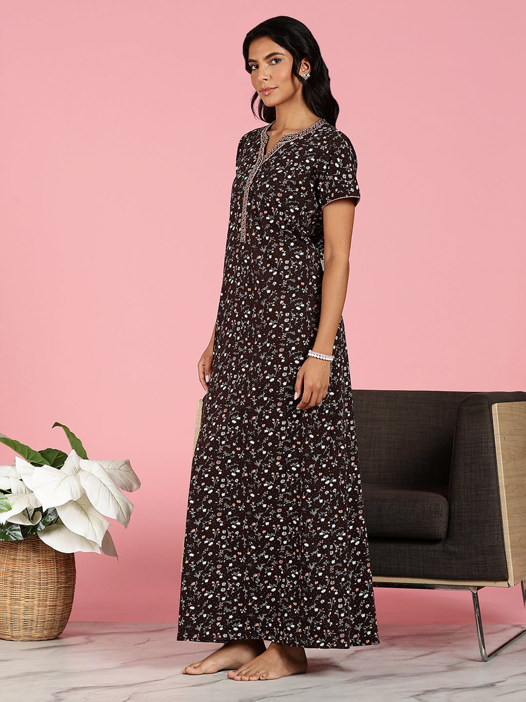 Coffee Brown Hosiery Cotton Floral Branded Nighty For Women