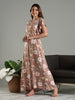 Brown Floral Rayon Frock Nighty for Women with Kaftan Sleeves and Pocket