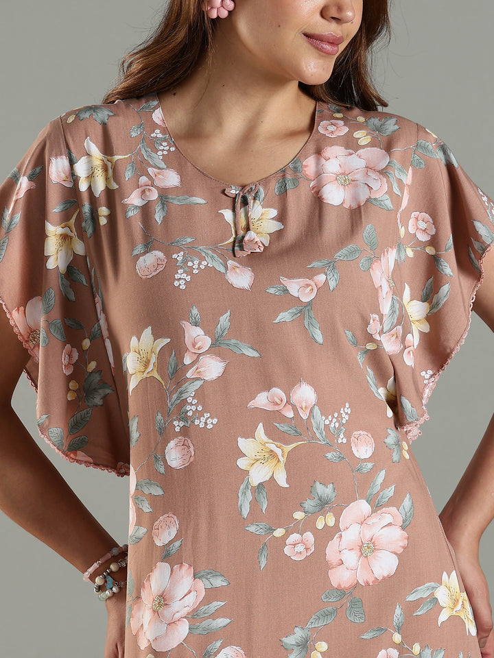 Classy Brown Rayon Frock Nighty For Women with Side Pocket