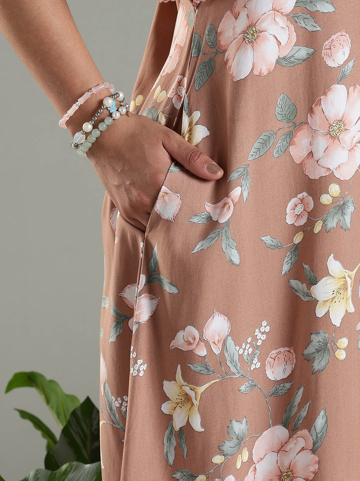 Classy Brown Rayon Frock Nighty For Women with Side Pocket