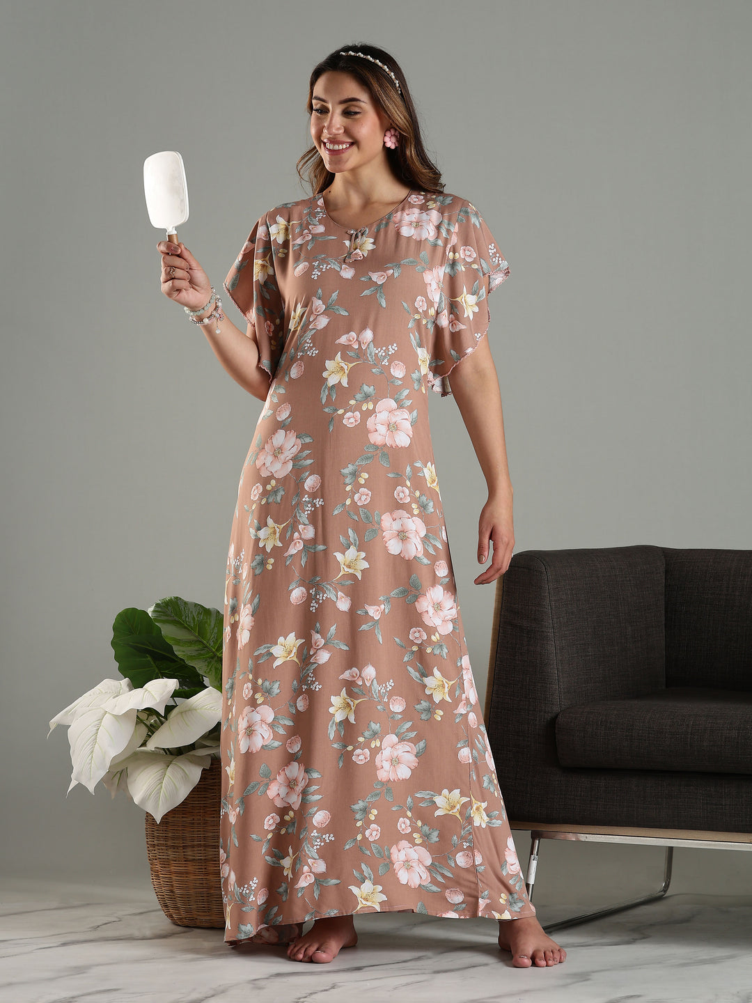 Classy Brown Rayon Frock Nighty For Women with Side Pocket